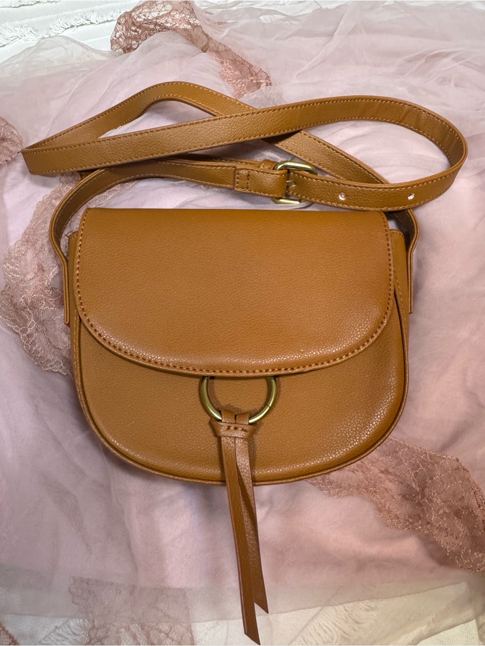 JJ Winters Tan Saddle Crossbody with Gold Ring Accent